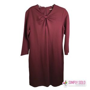 J. Mclaughlin Women A-Line Midi Dress Long Sleeve V-Neck Burgundy Bow Stretch S